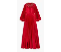 Crystal-embellished pleated silk-satin gown - Red