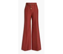 Belted wool-blend crepe flared pants - Red