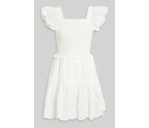 Vivienne ruffled shirred broderie anglaise cotton mini dress - White