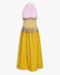 Tory Burch Color-block checked cotton-poplin halterneck midi dress - Yellow Yellow