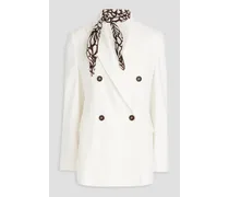Double-breasted bead-embellished linen-blend twill blazer - White