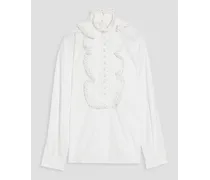 Lace-trimmed ruffled cotton-poplin blouse - White