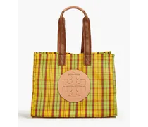 Ella faux leather-trimmed checked woven tote - Yellow