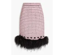 Feather-trimmed checked bouclé-tweed skirt - Pink