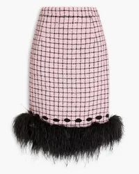 Huishan Zhang Feather-trimmed checked bouclé-tweed skirt - Pink Pink