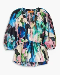 Stine Goya Robin printed satin-crepe peplum blouse - Blue Blue