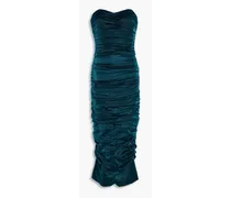 Strapless ruched metallic silk-blend midi dress - Blue