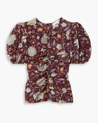 Ulla Johnson Elise ruched floral-print silk crepe de chine top - Burgundy Burgundy