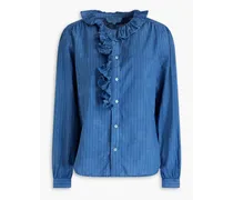 Ruffled striped cotton-blend poplin shirt - Blue