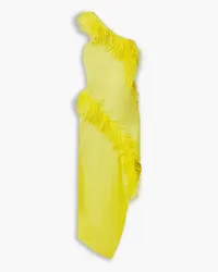 Marques ' Almeida One-shoulder feather-trimmed linen-blend midi dress - Yellow Yellow