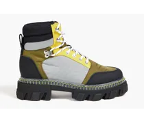 Color-block shell, suede and faux leather hiking boots - Green