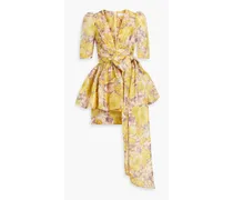 Bow-detailed floral-print linen and silk-blend mini dress - Yellow