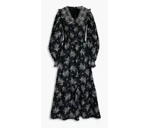 Shirred floral-print cotton midi dress - Black