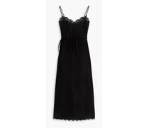 Belted bow-detailed lace-trimmed satin midi slip dress - Black
