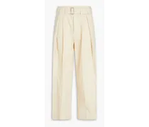 Belted cotton-blend twill pants - Neutral
