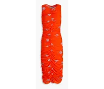 Ruched floral-print mesh midi dress - Orange