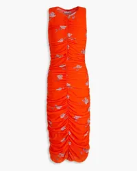 Ganni Ruched floral-print mesh midi dress - Orange Orange