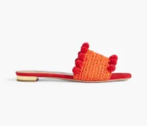 Pompom-embellished woven raffia slides - Red