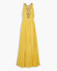 Reem Acra Embellished embroidered tulle-trimmed gathered chiffon gown - Yellow Yellow