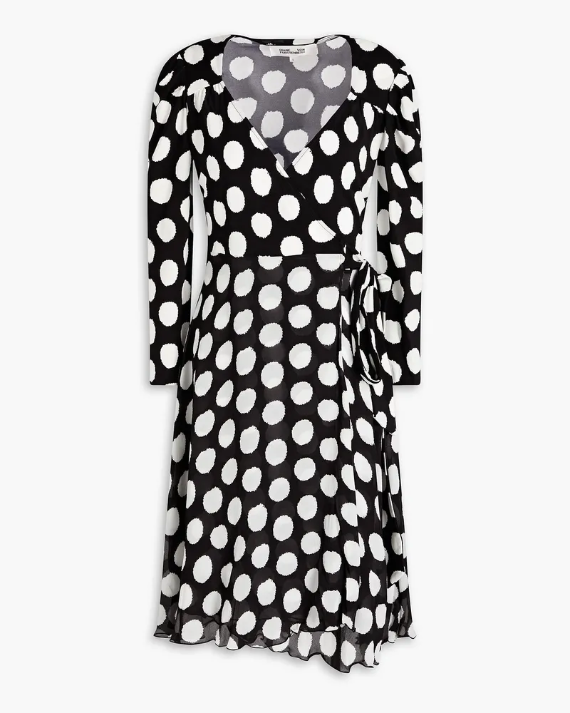Polka-dot georgette-paneled stretch-crepe wrap dress - Black