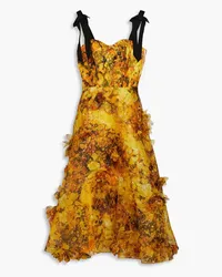 Marchesa Metallic floral-print chiffon midi dress - Yellow Yellow