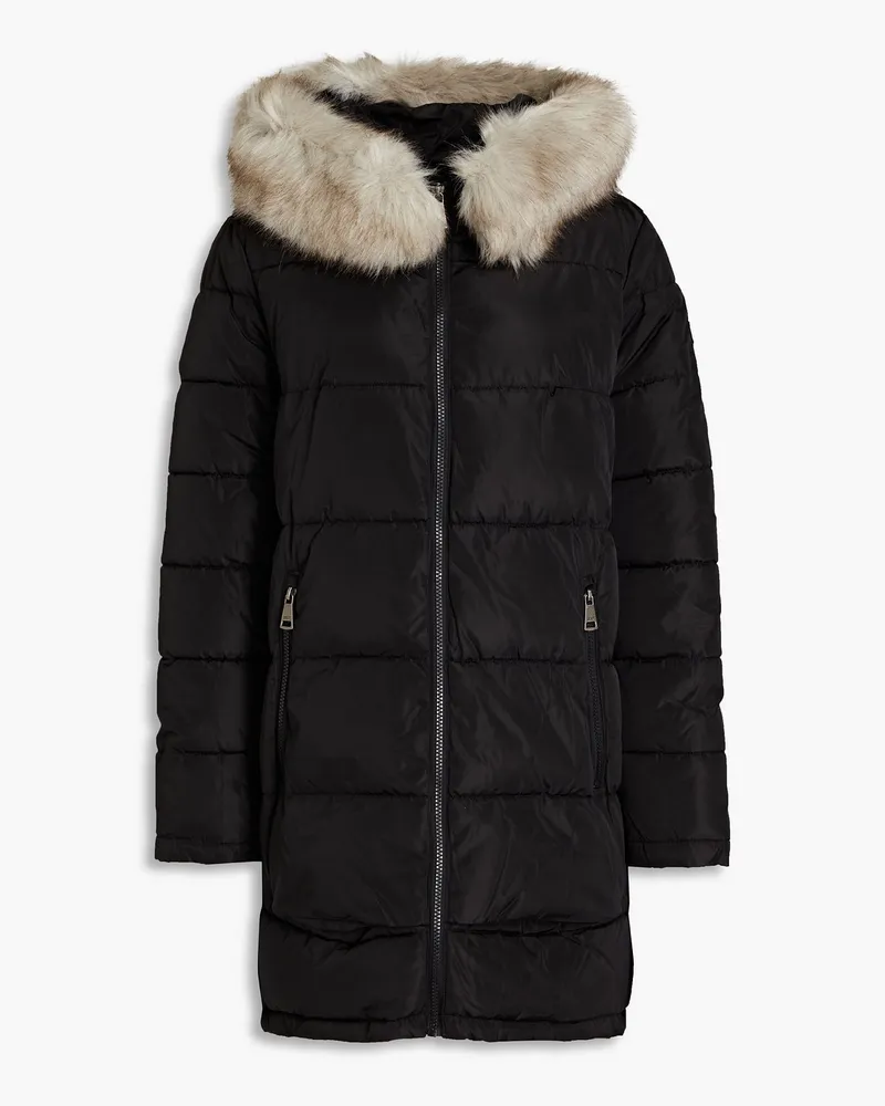 DKNY Faux fur-trimmed quilted shell hooded coat - Black Black