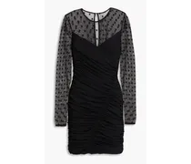 Hilary tulle-paneled ruched polka-dot stretch-jersey mini dress - Black