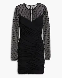 Halston Hilary tulle-paneled ruched polka-dot stretch-jersey mini dress - Black Black