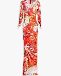 Preen Asymmetric ruched floral-print stretch-jersey midi dress - Red Red