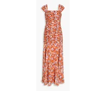 Ruched floral-print chiffon maxi dress - Orange