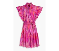Belted ruffled printed cotton-poplin mini dress - Pink