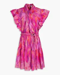 Derek Lam Belted ruffled printed cotton-poplin mini dress - Pink Pink