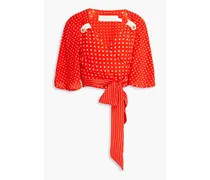 Cropped polka-dot silk crepe de chine wrap top - Red