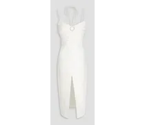 Embellished ruched linen-blend midi dress - White