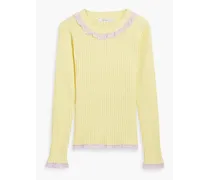 Lace-trimmed two-tone ribbed-kit sweater - Yellow