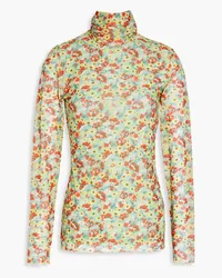 Ganni Floral-print stretch-mesh turtleneck top - Green Green