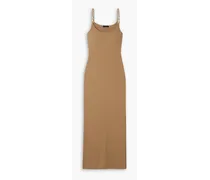 Embellished ribbed stretch-cotton jersey midi dress - Brown