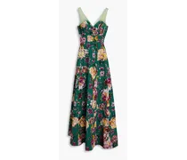 Tulle-trimmed floral-jacquard gown - Green