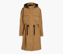 Leather-trimmed shell hooded parka - Brown