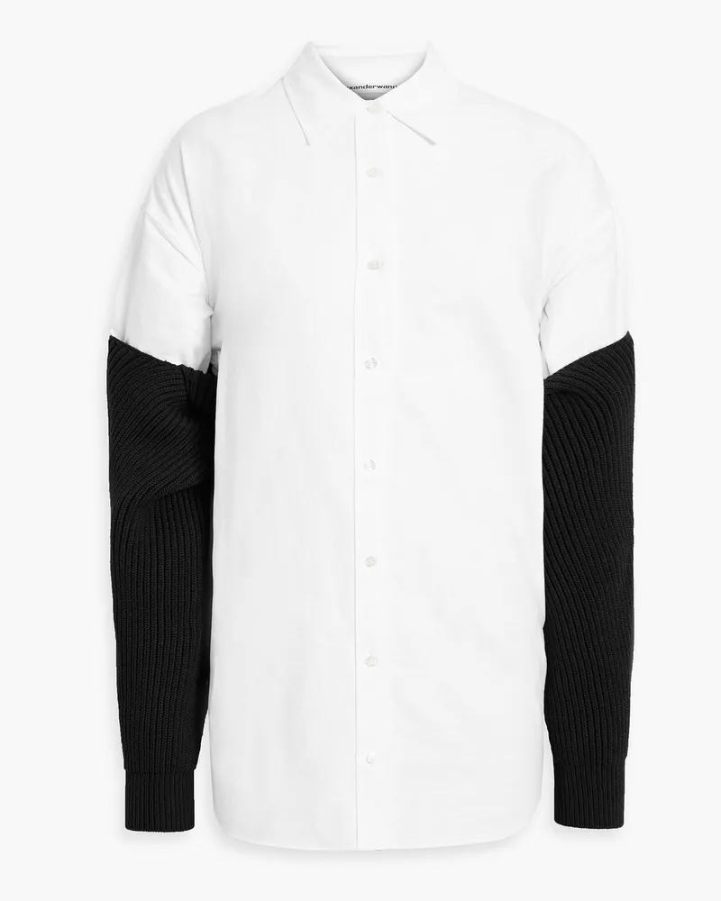 Ribbed-knit paneled cotton-Oxford shirt - White