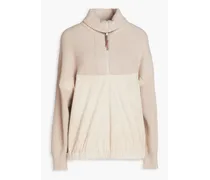 Bead-embellished ribbed cashmere and suede half-zip sweater - Neutral
