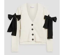 Bow-detailed pointelle-knit cardigan - White