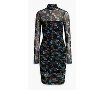 Alice Olivia - Delora ruched floral-print stretch-mesh turtleneck dress - Black