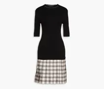 Chain-embellished checked tweed-paneled jersey dress - Black
