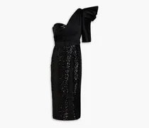 One-shoulder satin-twill and sequined tulle midi dress - Black