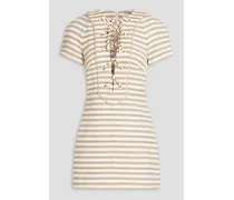 Lace-up striped cotton-blend mini dress - White