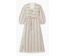 Vivella gathered striped cotton and linen-blend midi dress - White