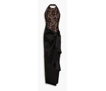 Draped corded lace and satin halterneck gown - Black