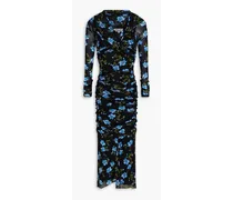 Ganesa ruched floral-print stretch-mesh midi dress - Black