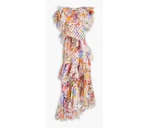 Asymmetric ruffled laser-cut floral-print crepe dress - Multicolor